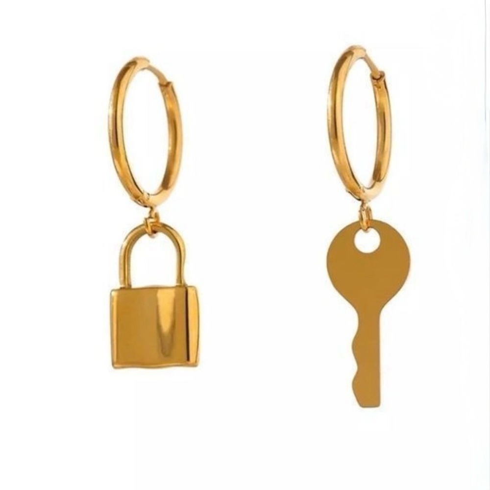 Gold Lock and Key Hoop Earrings